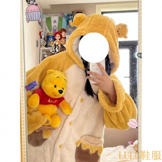 【LULU服飾專區】日係 卡通 維尼熊 珊瑚絨 睡衣 女 韓版 學生 鼕季 加厚 保暖 長款 睡袍 傢居服 睡袍