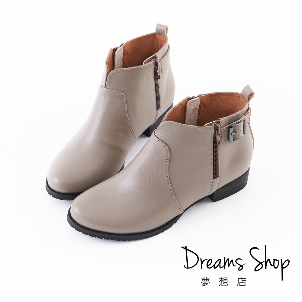 DREAMS SHOP 台灣真皮減壓金屬釦飾V口雙拉鍊平底短靴 灰色【JD3057】大尺碼靴子37-46