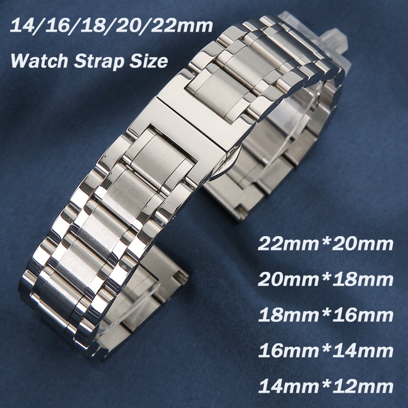 不銹鋼錶帶 男女士五珠時尚手錶鏈 銀色實心金屬錶帶鏈 14mm 16mm 18mm 20mm 22mm