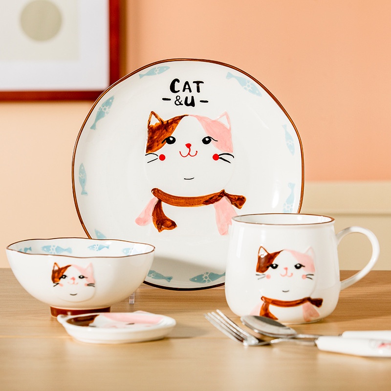 貓咪 柴犬陶瓷餐具 手繪可愛柴犬圖案碗盤杯子醬油碟湯匙叉子