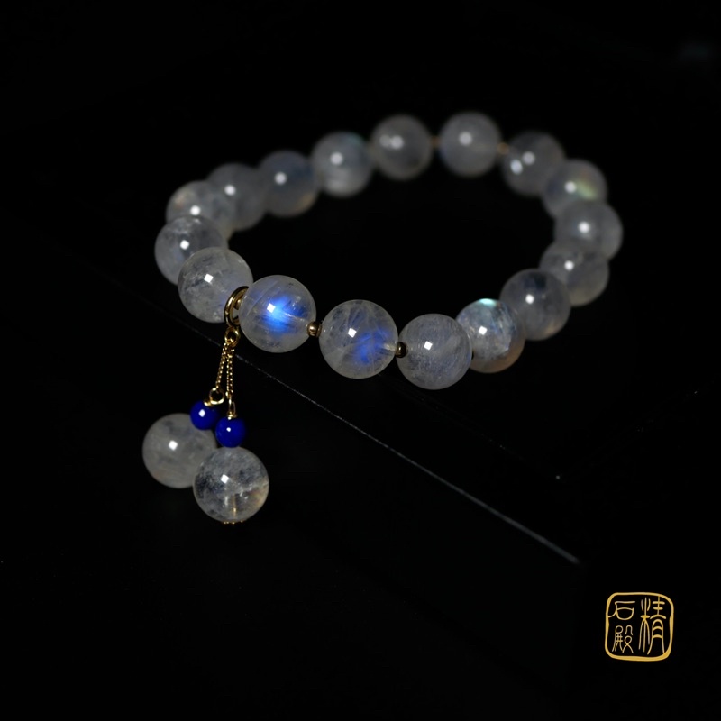 [精石殿］純天然斯里蘭卡藍暈月光石圓珠黃k設計手鏈手鏈/9mm/高等級強藍光/清透/無處理