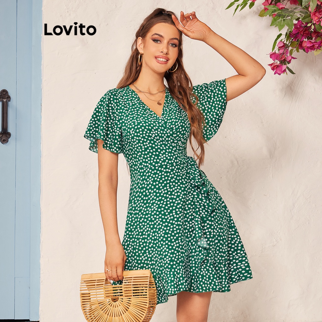 Lovito 休閒碎花裹身荷葉邊紐結女式洋裝 L39LD010 (綠色)