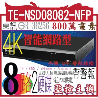TE-NSD08082-NFP 4K (帶POE) (帶警報) (支援人臉辨識攝影機)8CH 東訊4路H.265混