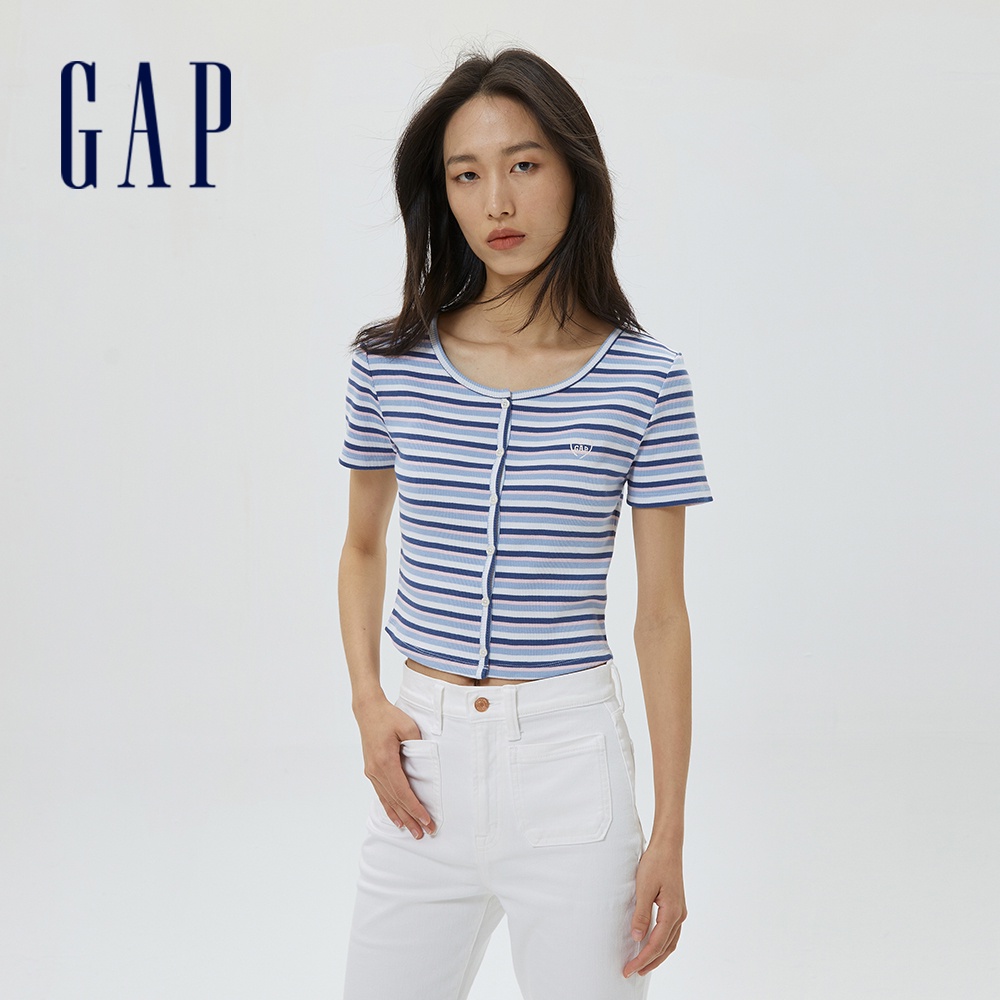 Gap 女裝 Logo羅紋短版短袖T恤  女友T系列- 藍色條紋(598855)
