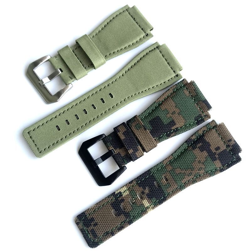 24 毫米軍迷彩綠色帆布尼龍錶帶錶帶適用於 Bell&amp;Ross BR01 BR03 男士手鍊腕帶