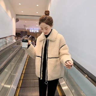 韓國寬鬆女式保暖拼接外套冬季毛絨時尚百搭上衣