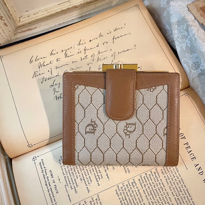 Christian Dior 迪奧· Vintage ·近新美品 蜂巢格pvc防刮老花皮革 口金零錢袋 對折短夾古董錢夾