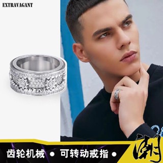純銀齒輪戒指網紅男款戒指高階滿鉆滿天星齒輪轉動戒指男轉運指環 戒指 克羅心戒指 潮流 CH