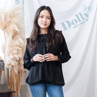 特價 台灣現貨 大尺碼ㄩ型花邊雪紡上衣(黑色)-Dolly多莉大碼專賣