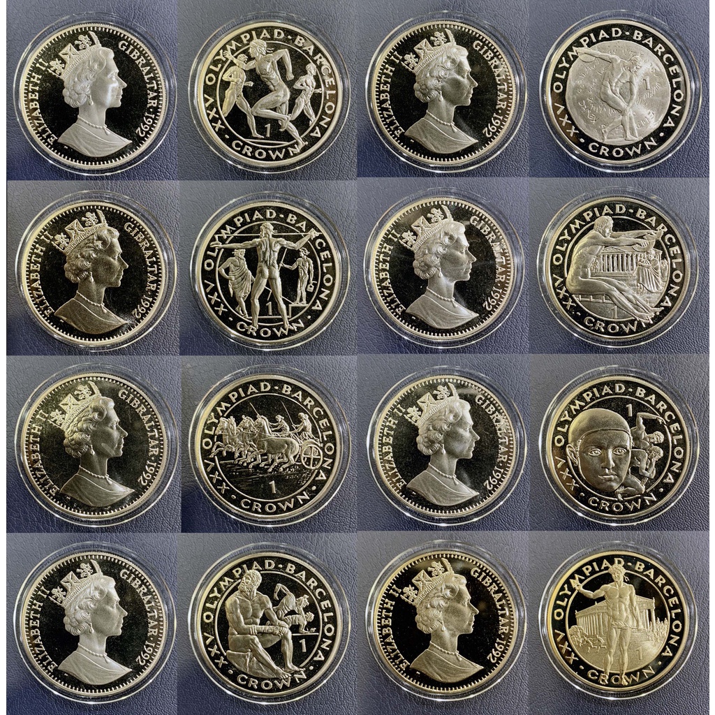 全新1991-1992年直布羅陀x巴塞隆納奧運會1克朗紀念幣-8枚一套