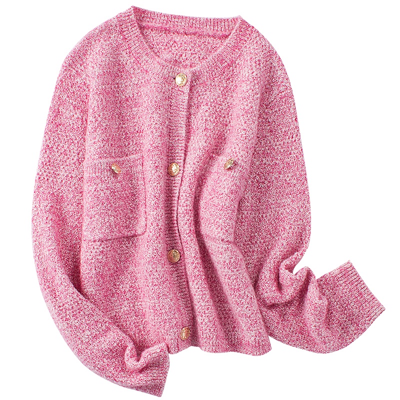 洋氣小香風粉色針織小外套韓版chic新款口袋單排扣毛衣短版外套女潮