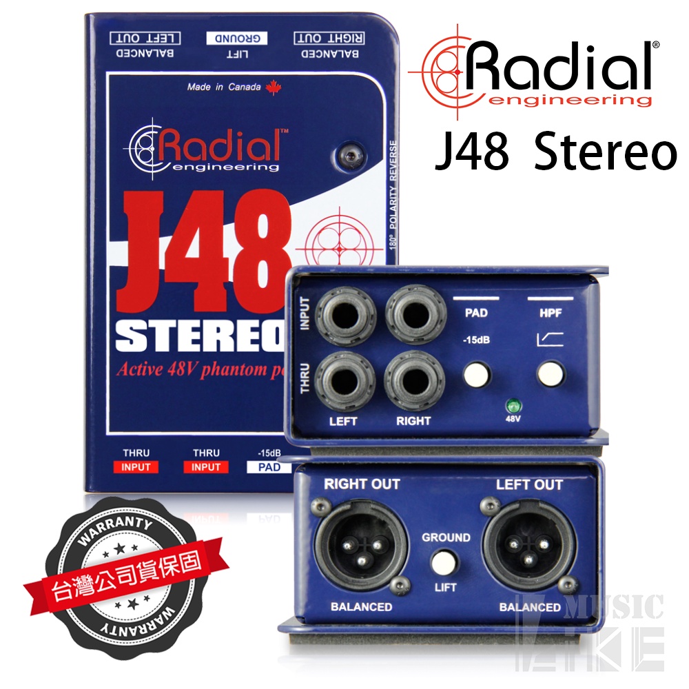 萊可樂器 Radial J48 Stereo 主動式 雙聲道 DI Direct Box 表演 錄音 訊號處理 公司貨