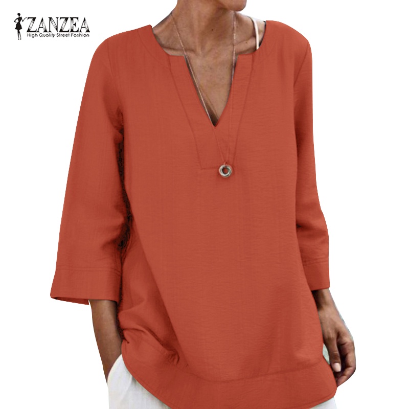 Zanzea 女式 V 領三分袖純色休閒寬鬆上衣