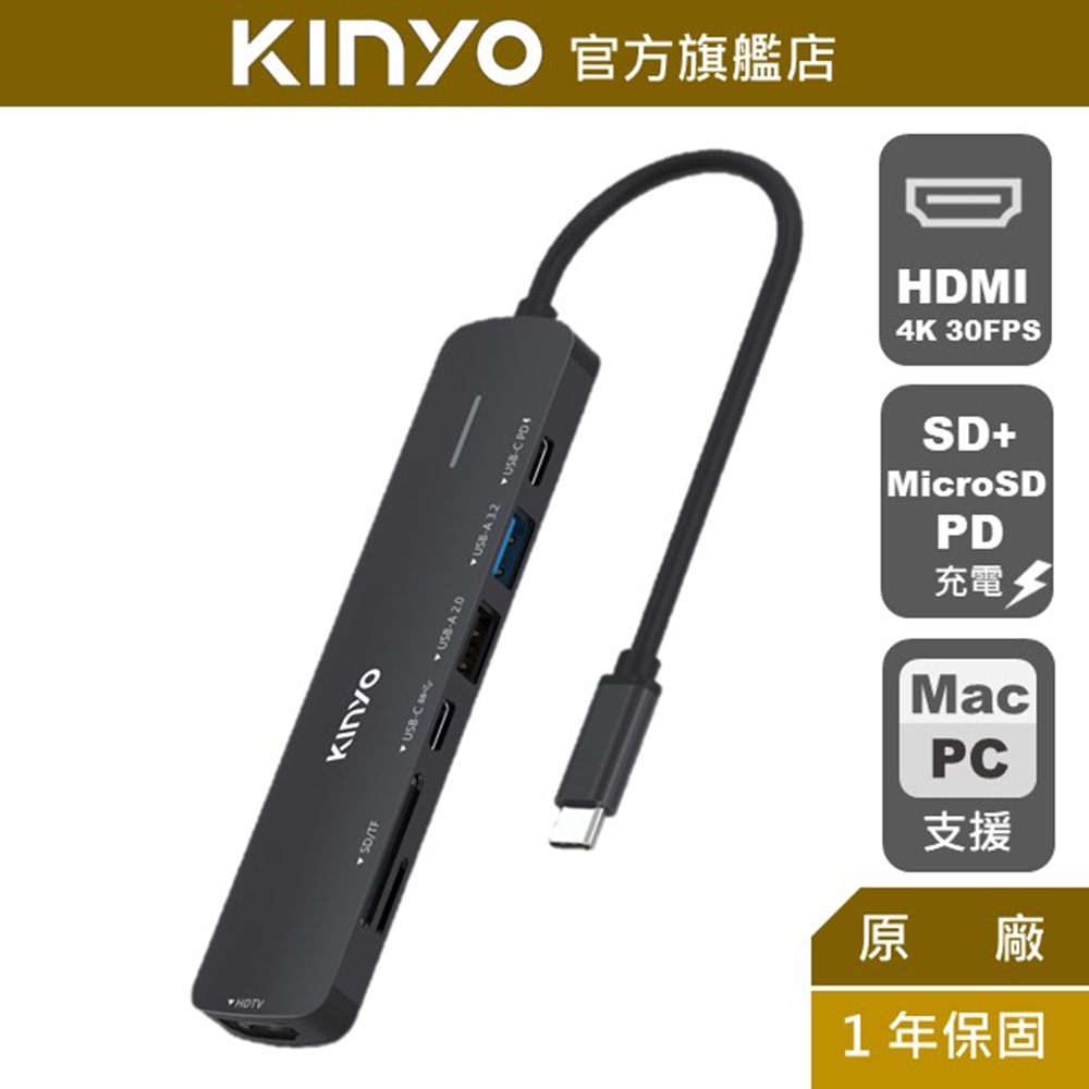 【KINYO】七合一多功能擴充座 (KCR) PD 100W快充  SD+MicroSD雙槽 HDMI 4K輸出