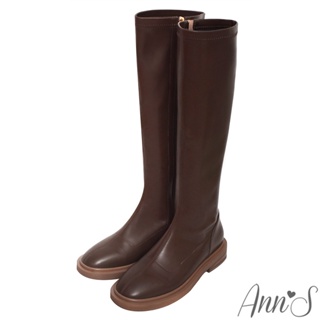 Ann’S有彈性的經典素面平底及膝長靴3cm-咖