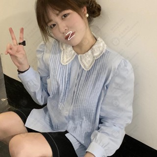 ✿法式甜美秋季新款蕾絲娃娃領壓褶寬鬆長袖襯衫女裝上衣#AJE