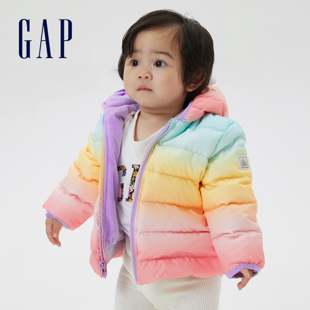 Gap 嬰兒裝 防雨印花3D熊耳羽絨外套 大絨朵羽絨系列-彩虹色(400271)