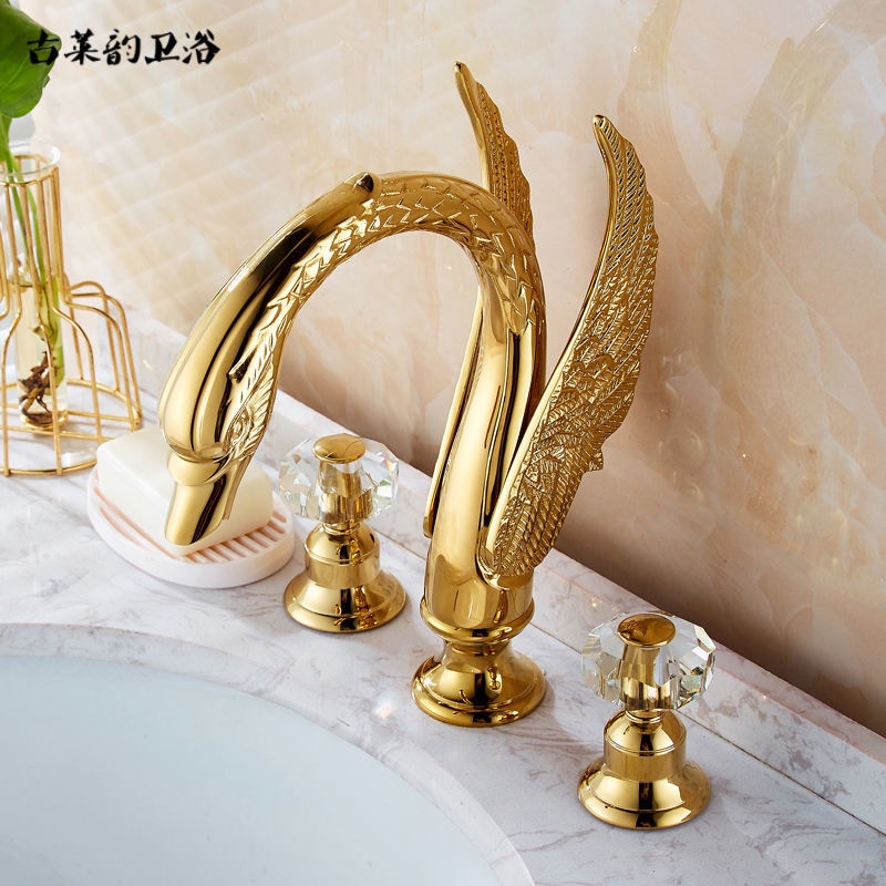 歐式豪華金色天鵝面盆三孔水龍頭洗臉盆冷熱分體式浴缸水龍頭水晶