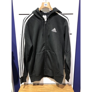 【ADIDAS】男款 ESSENTIALS 條紋連帽外套 棉質 全拉鍊GK9051黑色