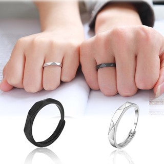 黑銀情侶戒指簡約ins款式幾何男女情侶飾品時尚可調節結婚生日禮物菱形戒指優雅開口戒指手指戒指