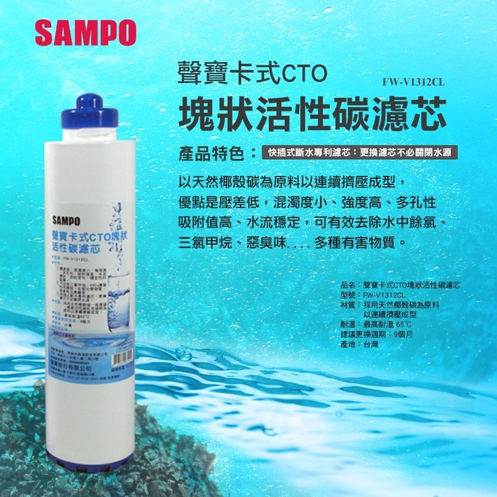 【水易購淨水】聲寶牌《SAMPO》卡式CTO塊狀活性碳濾心
