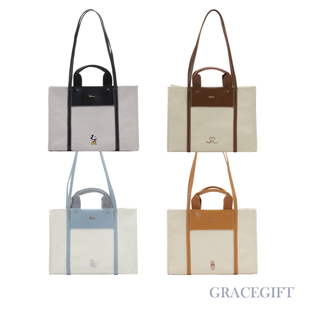 [Grace Gift] 迪士尼小熊維尼/米奇款皮革拼接帆布托特包