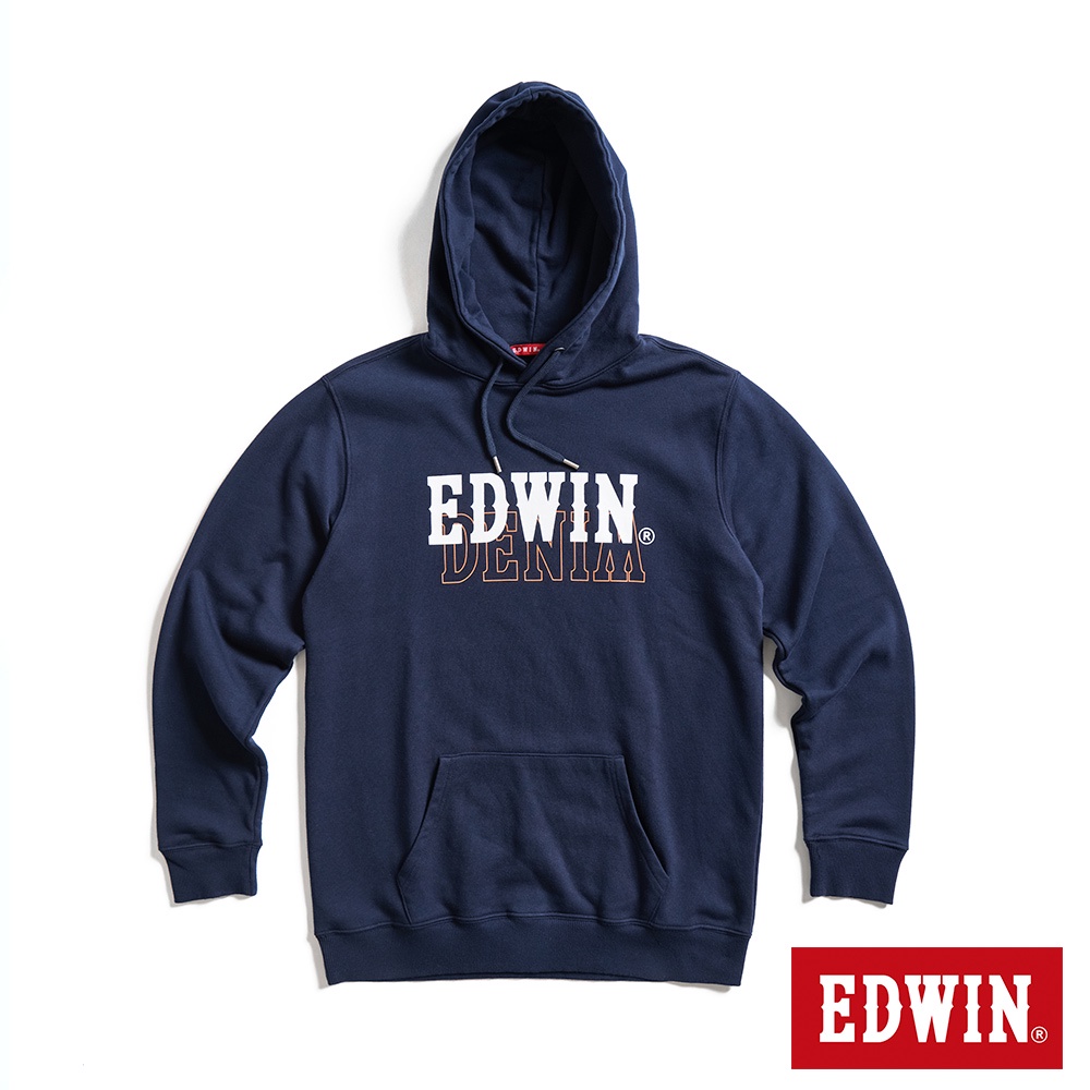 EDWIN 人氣復刻 疊印LOGO連帽厚長袖T恤(丈青色)-男款