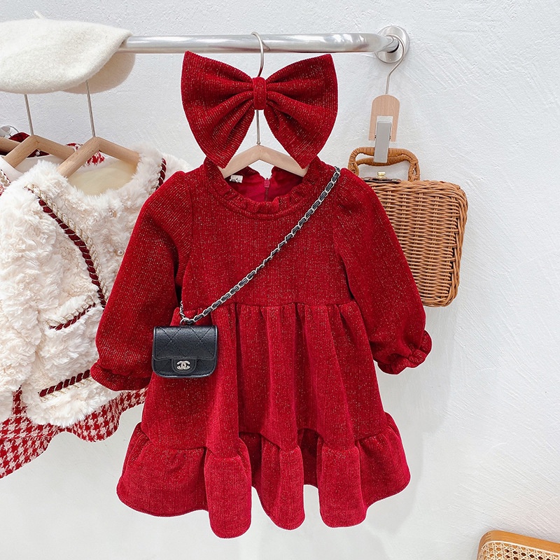 新年衣服　過年衣服　小洋裝　女童冬季洋裝2022兒童公主裙秋冬季紅色新年洋裝刷毛加厚禮服
