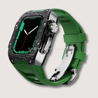 讓Apple Watch更百搭的救星/類RM 碳纖維+鈦合金 蘋果錶殼 44mm 45mm 銀殼 綠膠帶 [秀時堂]