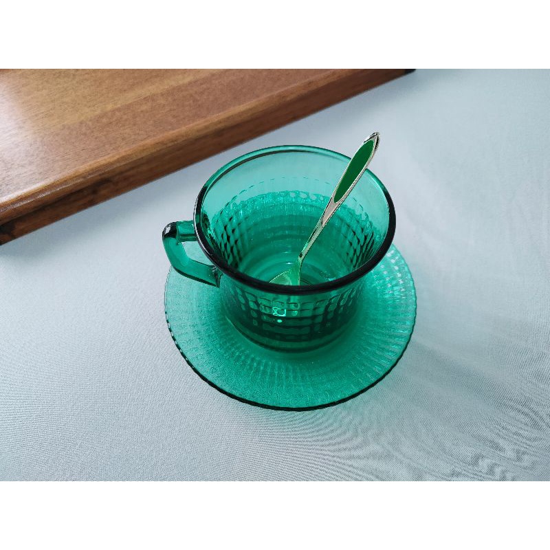 老木青 |A款.早期墨西哥製 復古祖母綠波紋玻璃杯盤組 咖啡杯 收藏 vintage
