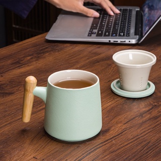 【現貨免運】茶水分離馬克杯 泡茶杯子 辦公室竹柄磨砂顆粒感陶瓷帶蓋過濾個人杯