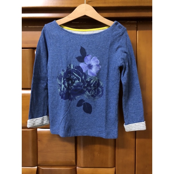 英國童裝 mini Boden 藍色花卉圓領長袖棉T上衣。3～4Y (二手！)