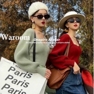 Waroom|現貨實拍 A642 秋冬韓國法式紅色短款方領燈籠袖針織上衣|女裝|長袖上衣|泡泡袖|針織上衣|短版上衣
