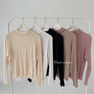 Want-Meow招財貓旺鋪/臺灣出貨/95公斤可穿/捲邊翻領長袖螺紋內搭上衣超顯瘦/中高領螺紋內搭/長袖上衣大尺碼衣著