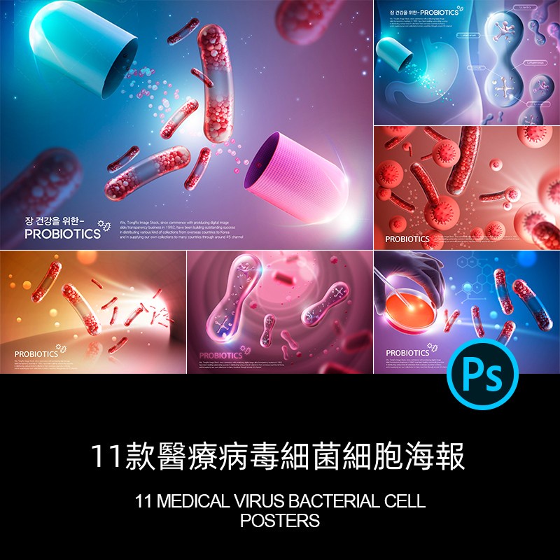 11款醫療生物科技益生菌細胞病毒細菌醫院宣傳海報PSD設計素材圖