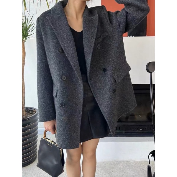 韓國代購🇰🇷 設計師 深灰 亞麻灰 米白 中長款羊毛手工大衣 深灰色 排扣復古法式西裝外套版型氣質大衣 小個子大衣