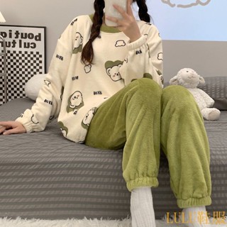 【LULU服飾專區】可愛 珊瑚絨 睡衣 女 鞦鼕季 加絨 圓領 睡衣 圓領 傢居服 甜美 日係 學院 法蘭絨 套裝