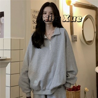 【Miss Xue】polo衫 翻領衛衣女 落肩 小個子 oversize 寬松 慵懶風 長袖上衣 女生衣服