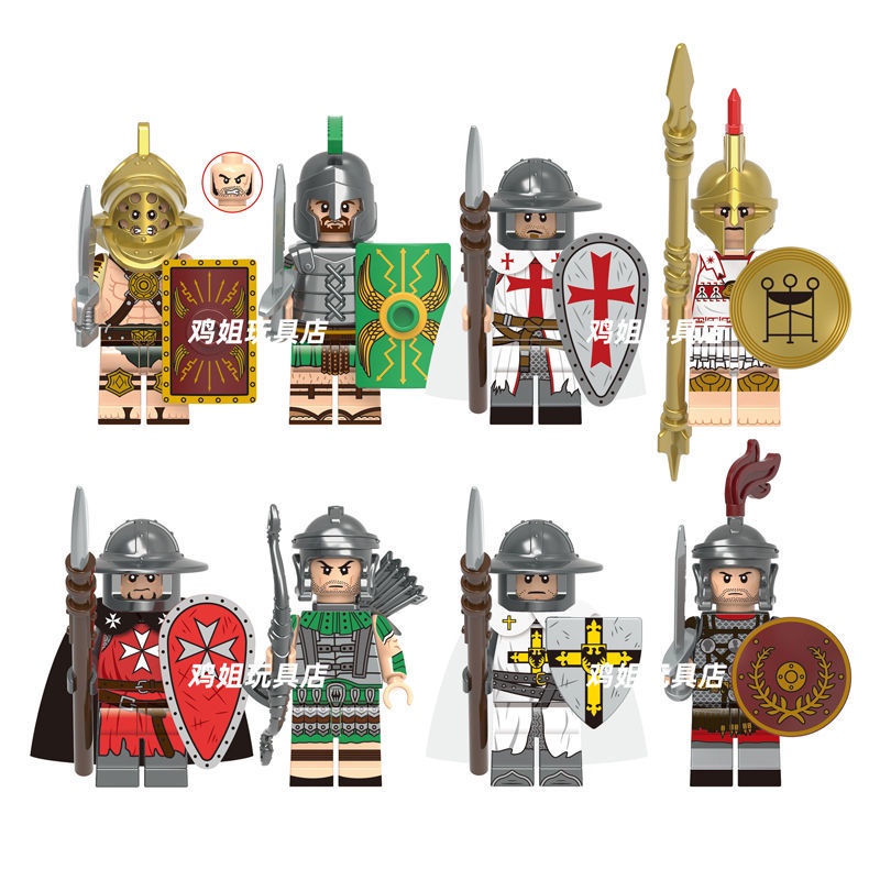 中古世紀積木 兼容樂高中古士兵圣殿騎士軍團羅馬弓箭旗手重裝步兵拼裝積木人仔