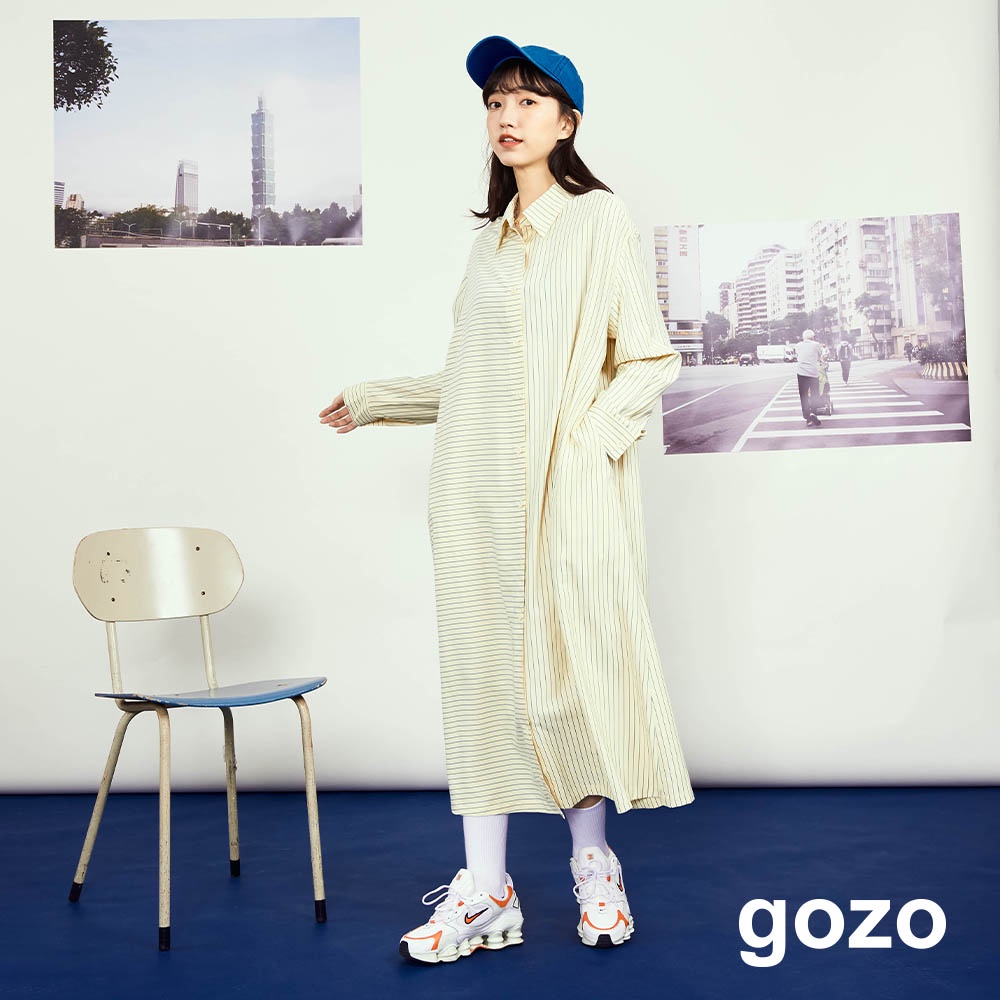 【gozo】◢不對稱條紋長襯衫洋裝(兩色)(淺黃/淺綠_F)｜女裝 圓領 休閒