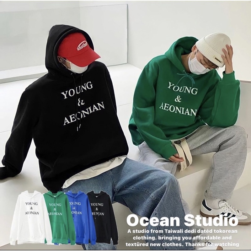 Ocean Studio｜韓國🇰🇷 470磅 刷毛young&amp;aeonian 加絨 質感 印花 抽繩 連帽上衣 帽踢