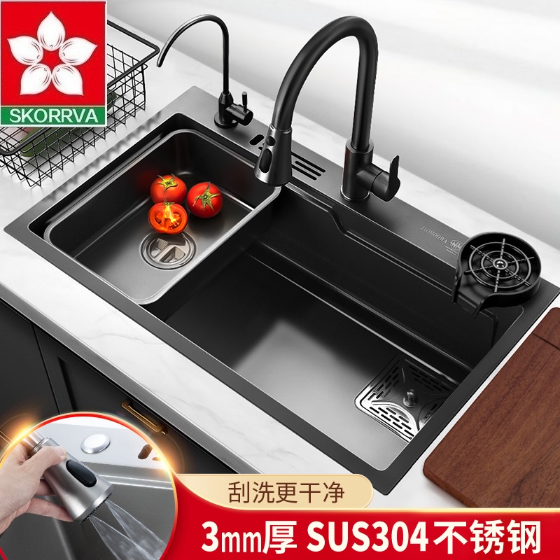 黑色納米304不銹鋼手工水槽廚房洗菜盆洗碗池洗杯器大單槽臺下盆