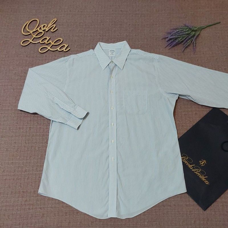 美國 Brooks Brothers 型男必備 藍白條紋長袖襯衫 免燙 防皺 男長袖襯衫 大尺碼長袖襯衫 17.5九成新