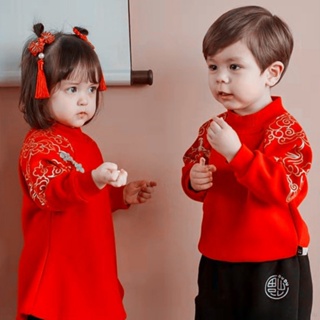 寶寶新年裝套裝 中國風兒童刷毛上衣 男女童喜慶拜年服 女寶寶漢服裙【IU貝嬰屋】
