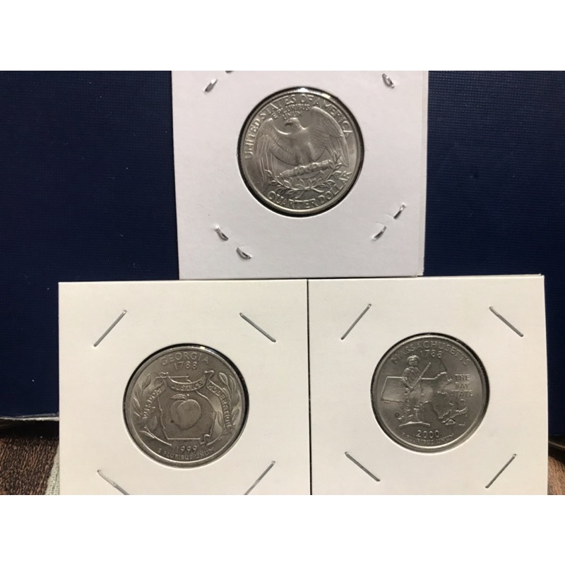 美國🇺🇸「50州25美分紀念幣」-喬治亞州+麻薩諸塞州+流通幣（共3枚）