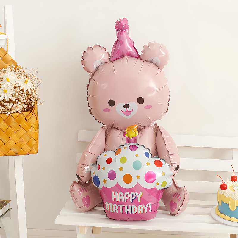 1 個 80 * 57 厘米粉色蛋糕熊鋁膜氣球用於兒童生日快樂派對裝飾場景佈置