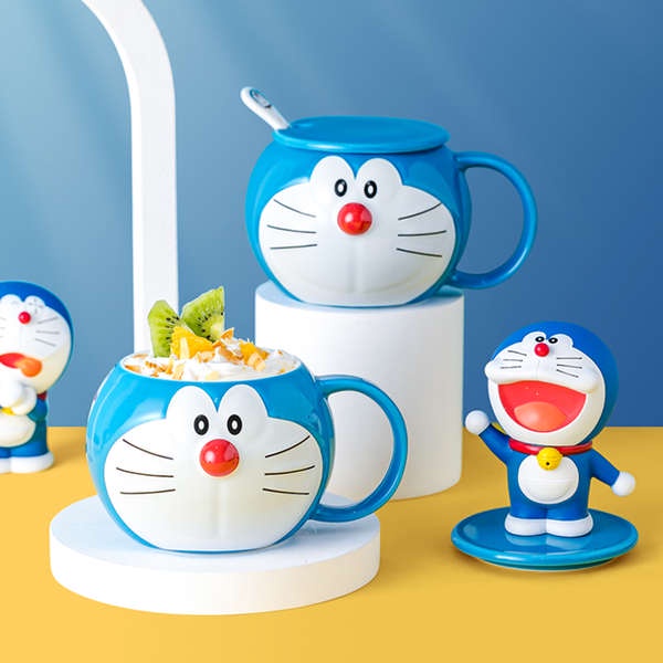 哆啦A夢牛奶麥片水杯陶瓷ins卡通杯子可愛兒童帶蓋勺大容量馬克杯