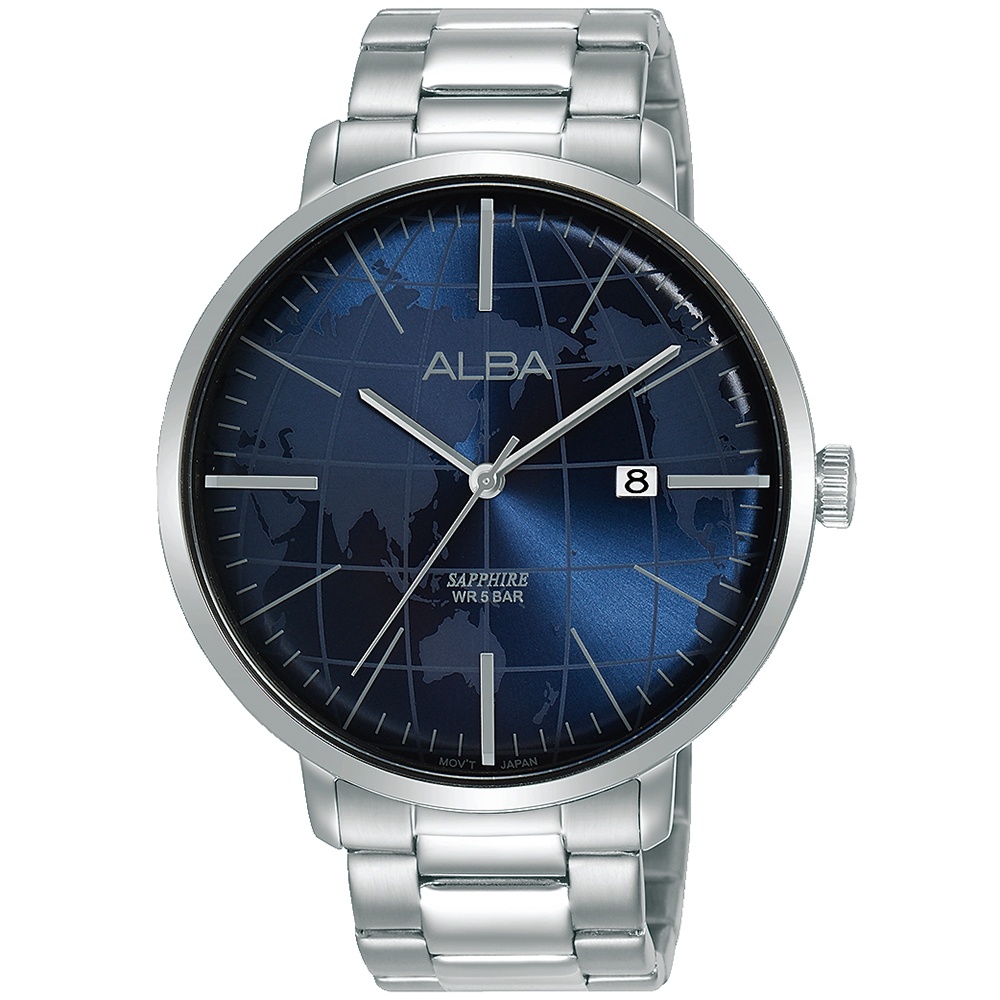 ALBA雅柏 世界地圖簡約型男錶-44mm 藍銀(VJ42-X296B AS9K61X1)