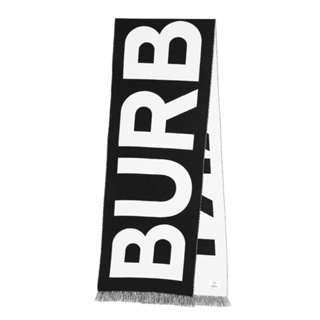 現貨 - 全新正品 BURBERRY Logo 文字 流蘇 雙面 徽標 羊毛 提花 圍巾 黑色 白色