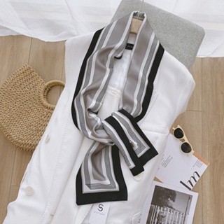 唯依家. 韓版黑白條紋百搭裝飾雙層飄帶搭配西裝仿真絲長條絲巾 X14.